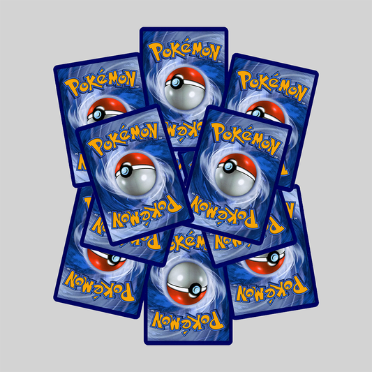 Ten Pokémon trading cards fanned out on gray background for Pokémon mystery pack