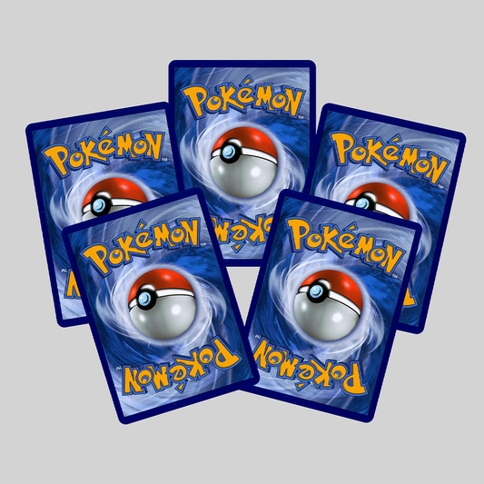 Five Pokémon trading cards fanned out on gray background for Pokémon mystery pack